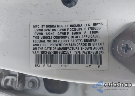 2015 Honda Civic Ex z USA, uszkodzony, nr VIN 19XFB2F80FE082387